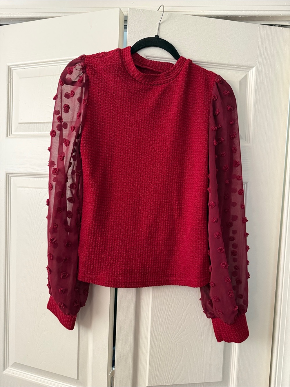SHEIN Red Textured Knit Top with Sheer Pom-Pom Long Sleeves